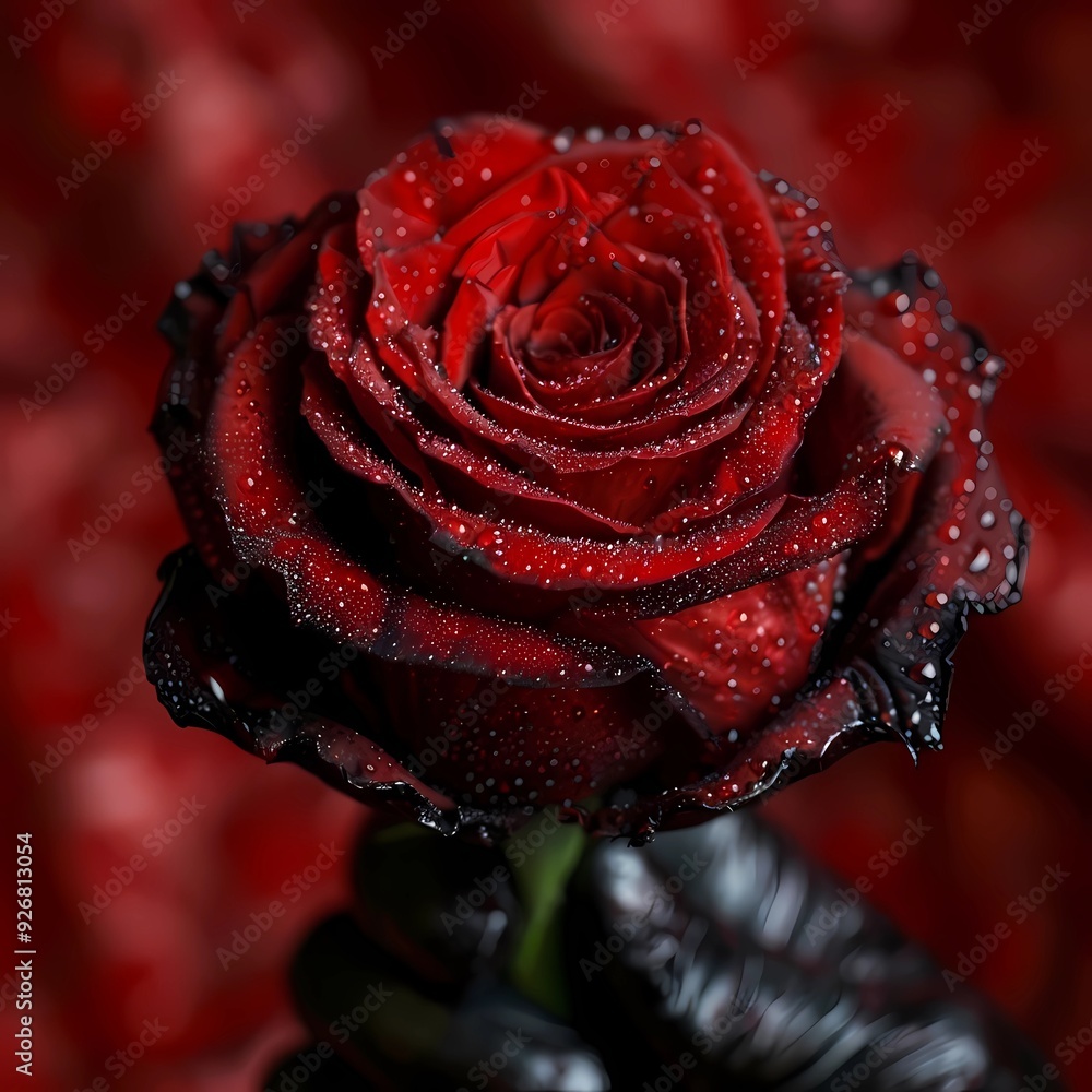 Wall mural red rose with water drops