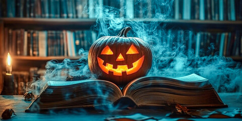Spooky Halloween scene with an open book, glowing jack-o'-lantern, and eerie smoke creating a mysterious atmosphere halloween background
