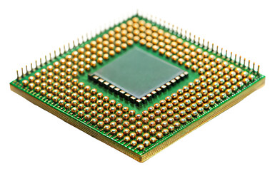 Computer microchip with gold pins and circuit details isolated on transparent background