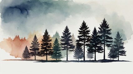 Row of pine trees black silhouette with muted colors watercolor background