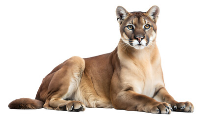 Obraz premium Cougar lying down with intense gaze and powerful body isolated on transparent background