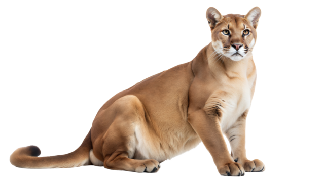 Cougar sitting with alert expression displaying muscular build isolated on transparent background