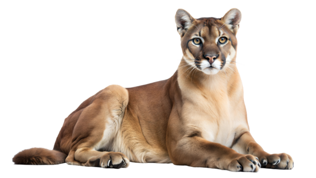 Cougar lying down with intense gaze and powerful body isolated on transparent background