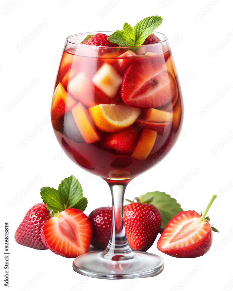 Poster glass of refreshing sangria with strawberries and citrus slices isolated on transparent background