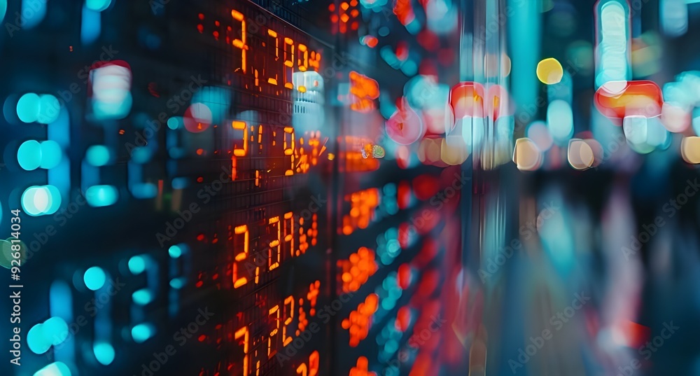 Poster close-up of digital stock market display showing various numbers and letters, blurred background wit