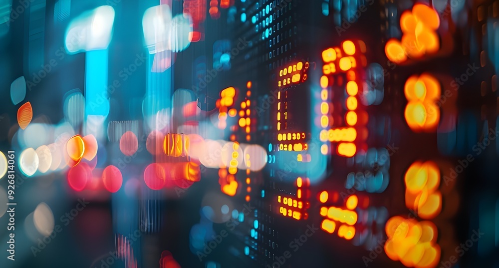 Poster close-up of digital stock market display showing numbers and figures, with a blurred background and 