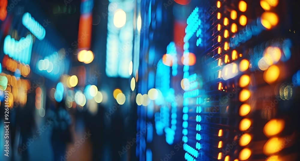 Poster close-up of digital stock market display showing numbers and figures, with a blurred background and 