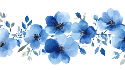 Blue Watercolor Floral Border: Elegant Illustration on White