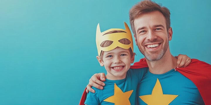 Father and son dressed as superheroes smiling against a blue background, capturing a playful bonding moment in costumes.