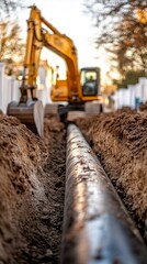 Excavator laying water pipes. Focus on one pipe in a trench, with dirt around it.