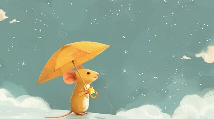 Naklejka premium A cute mouse holds a yellow umbrella, gazing at a starry sky, capturing a whimsical and magical moment of innocence.