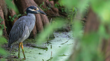 Portrait of a yellow-crowned heron standing in shallow water covered in algae in summer.