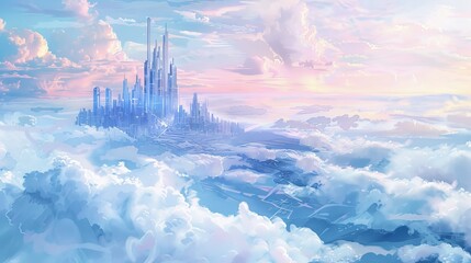 Fototapeta premium A majestic fantasy castle rises above soft clouds under a serene pastel sky, evoking a sense of wonder and tranquility.