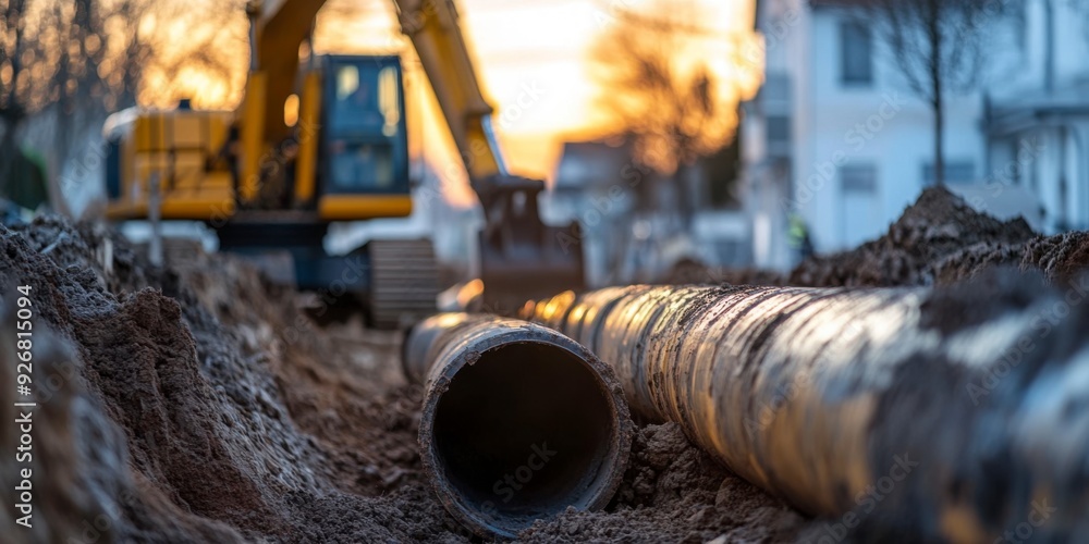 Wall mural Excavator laying water pipes. Focus on one pipe in a trench, with dirt around it.