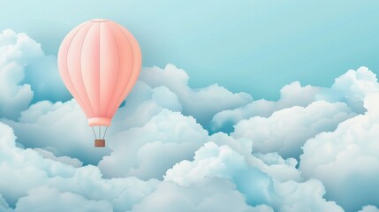 Fototapeta premium A serene hot air balloon floats gently among soft clouds in a clear blue sky, evoking a sense of adventure and peace.