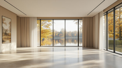 Obraz premium Modern Minimalist Interior: Floor-to-Ceiling Windows and Lake View