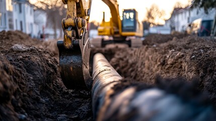 Fototapeta premium Excavator laying water pipes. Focus on one pipe in a trench, with dirt around it.