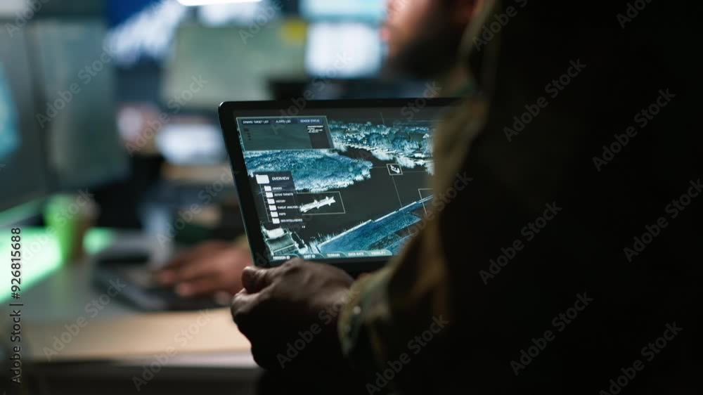 Poster army telecommunication systems operator using satellite software on tablet, providing combat support