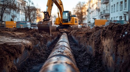 Excavator laying water pipes. Focus on one pipe in a trench, with dirt around it.