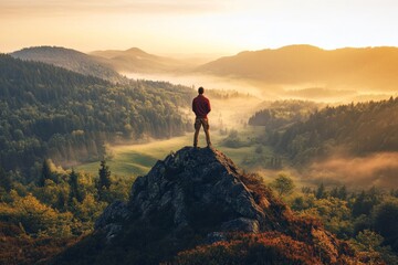 Fototapeta premium Man in Red Shirt Standing on Mountain Overlooking Green Valley and Misty Forest at Sunrise, with Orange Sky and Trees, High-Resolution Landscape
