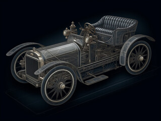 Detailed close-up of an antique steam engine with complex mechanical design, isolated on a textured drawing paper background. Pencil sketches highlight engineering complexity