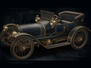 Detailed close-up of an antique steam engine with complex mechanical design, isolated on a textured drawing paper background. Pencil sketches highlight engineering complexity