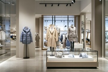 Elegant store interior with mannequins displaying women's winter coats and jackets, modern design, grey walls, concrete floor, and bright lighting.