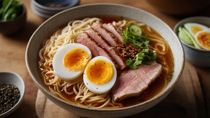 Close-Up of Japanese Ramen with Soft-Boiled Egg and Pork Belly