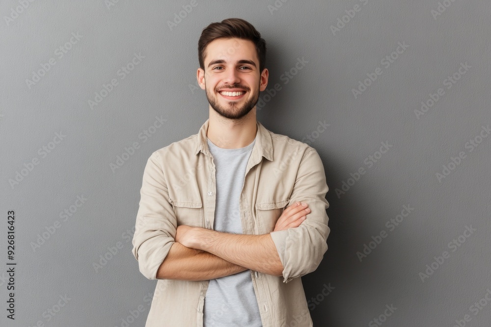 Wall mural portrait of a smiling young man in a beige shirt, standing with arms crossed, looking casually at th