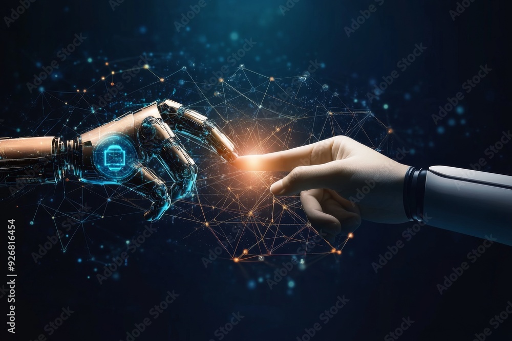 Poster human hand and robot finger touching in front of a digital data connection background, symbolizing a