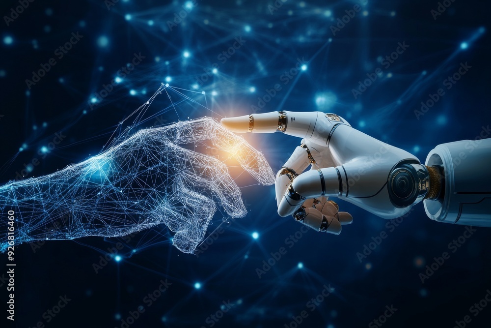 Poster human hand and robot finger touching in front of a digital data connection background, symbolizing a