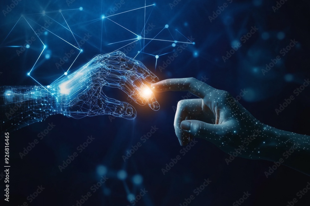 Poster human hand and robot finger touching in front of a digital data connection background, symbolizing a