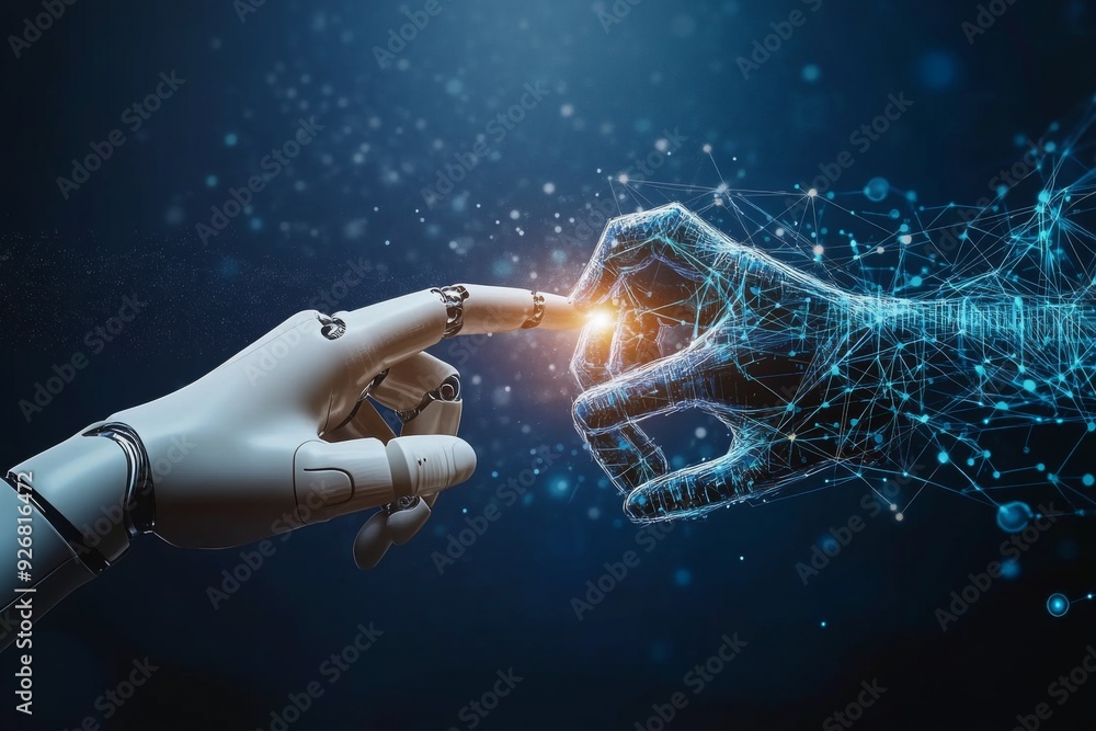 Poster human hand and robot finger touching in front of a digital data connection background, symbolizing a
