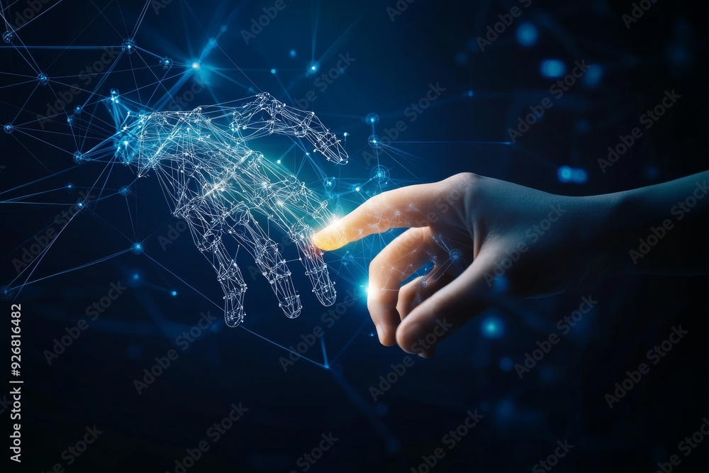 Poster human hand and robot finger touching in front of a digital data connection background, symbolizing a