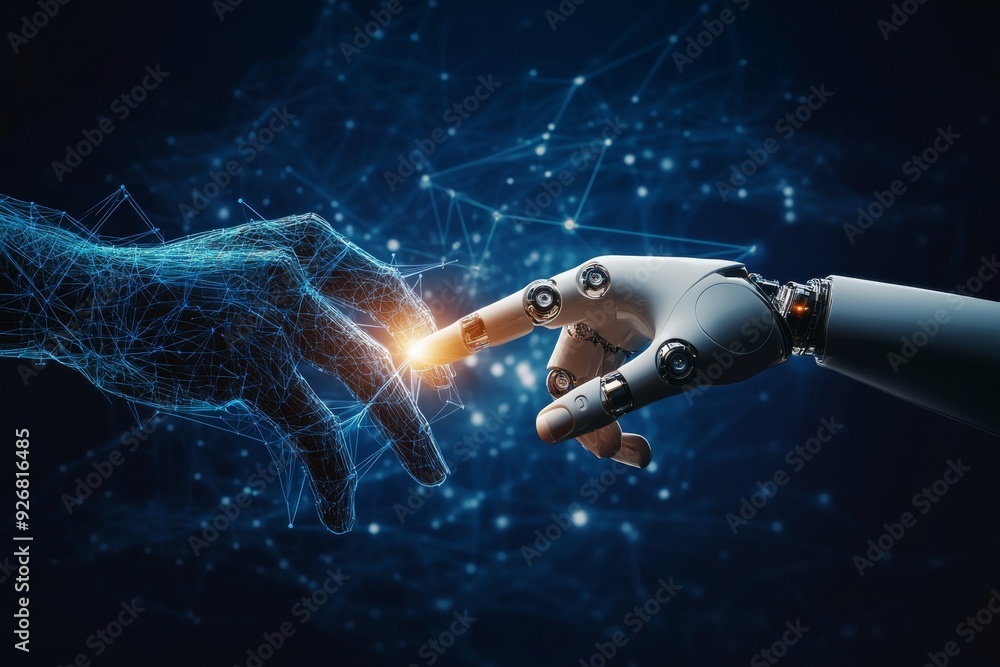 Poster human hand and robot finger touching in front of a digital data connection background, symbolizing a
