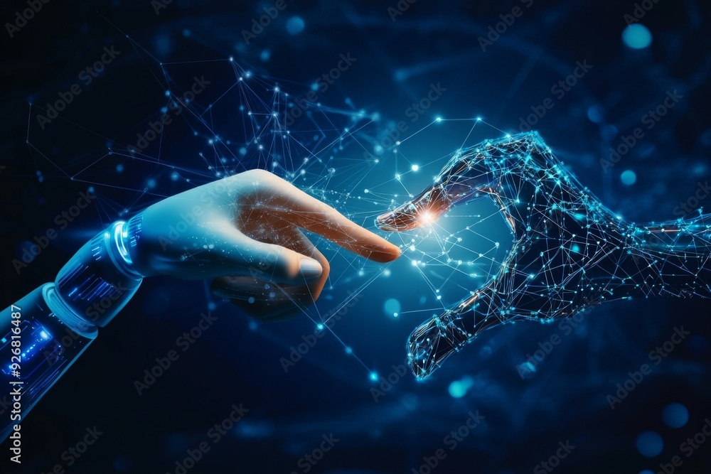 Poster human hand and robot finger touching in front of a digital data connection background, symbolizing a