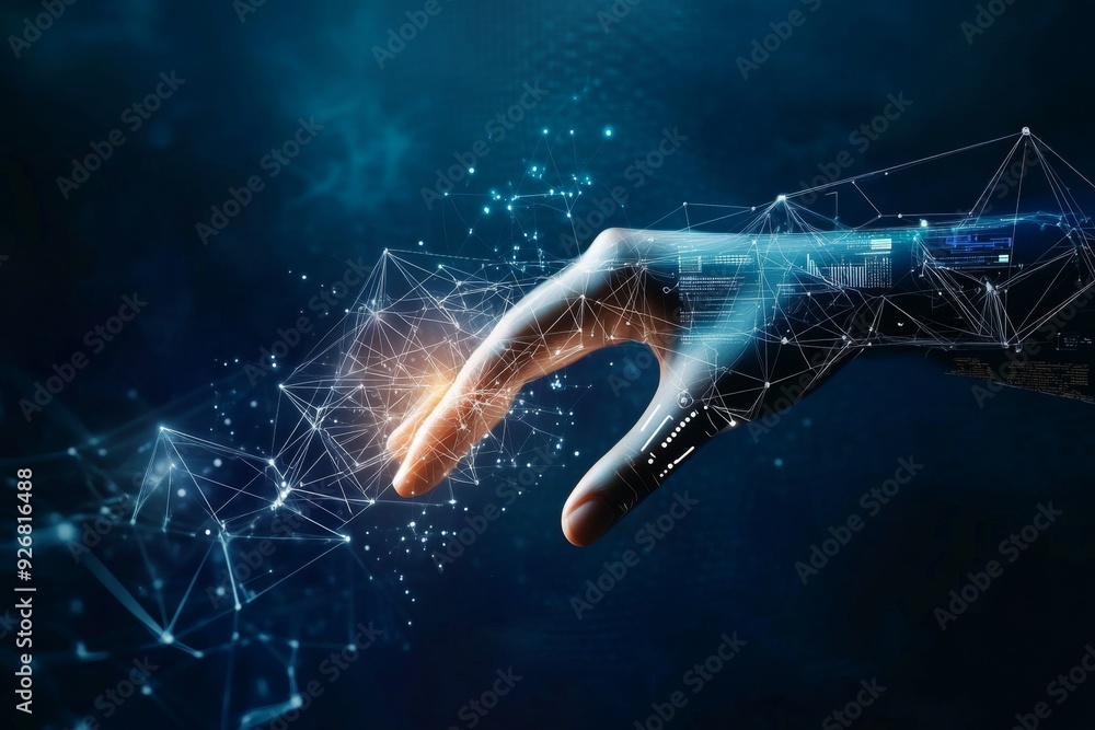 Poster human hand and robot finger touching in front of a digital data connection background, symbolizing a