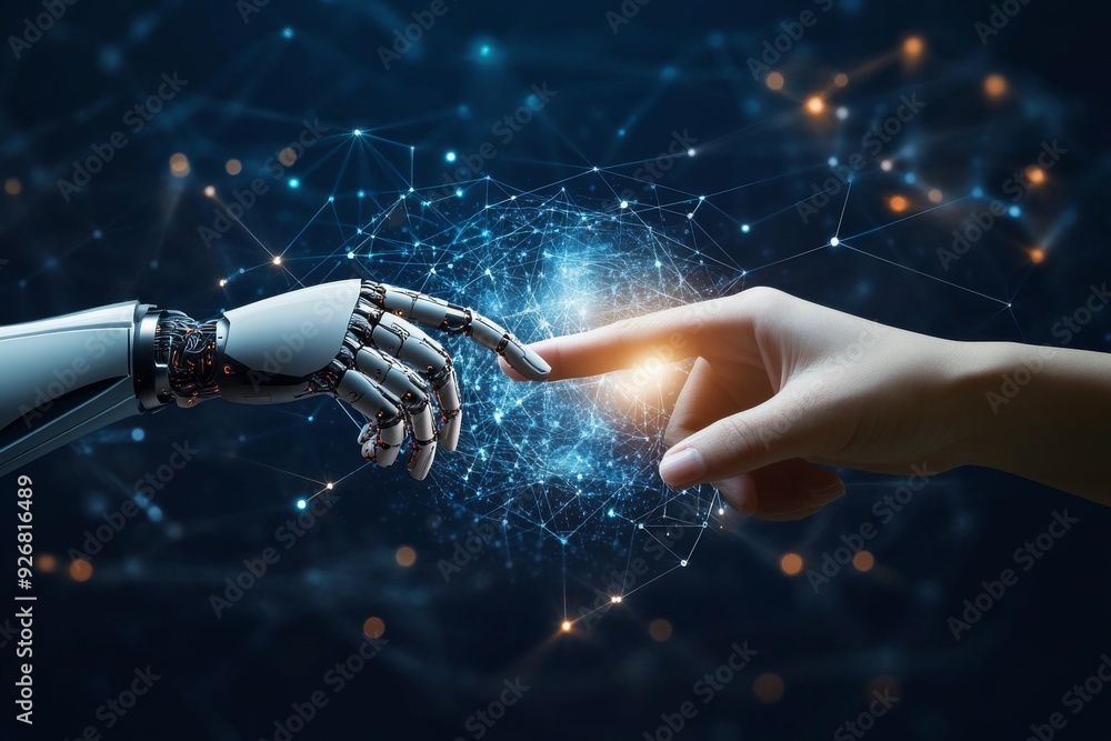 Poster human hand and robot finger touching in front of a digital data connection background, symbolizing a