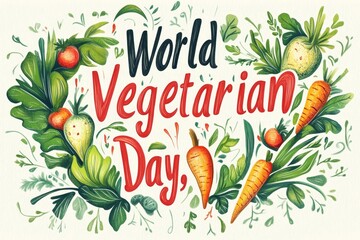 Celebrate World Vegetarian Day with vibrant vegetables and leafy greens in an artistic illustration featuring cheerful carrots, radishes, and other fresh produce. Generative AI