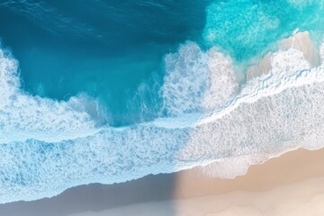 Fototapeta premium Stunning aerial view of a pristine white sandy beach and turquoise ocean waves in Australia, showcasing natural beauty and tranquility with clear, sharp focus and minimalistic style.