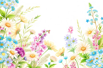 Obraz premium Flowers on a white background with copy space, AI Generation