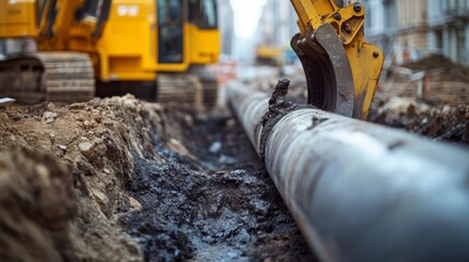 Fototapeta premium Excavator laying water pipes. Focus on one pipe in a trench, with dirt around it.