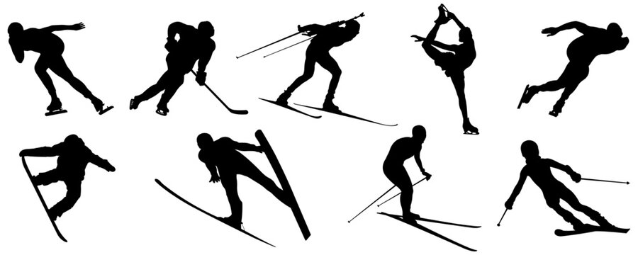 Winter sports.Collection of silhouettes of athletes.Hockey player, biathlete, skater, skier, slalom, snowboarder, ski jumper, figure skating.Vector illustration.