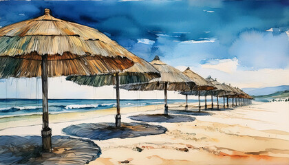 Fototapeta premium Watercolor beach scene with straw umbrellas and serene sky