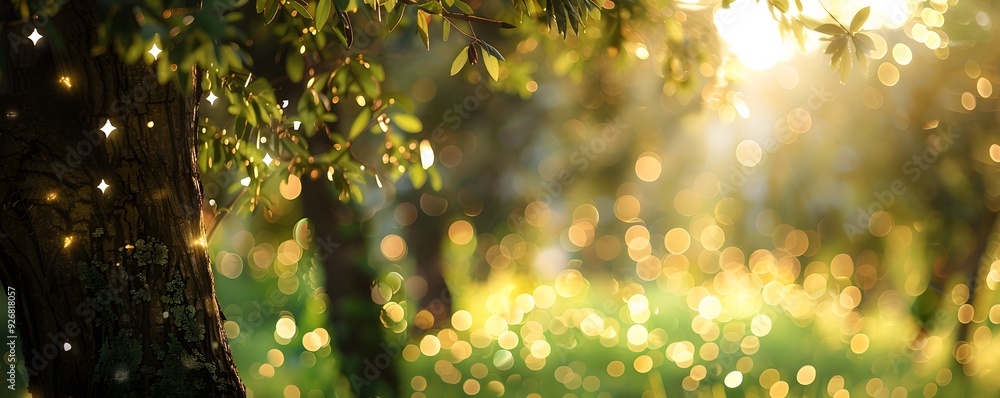 Aufkleber sunlight filtering through tree branches with bokeh effect