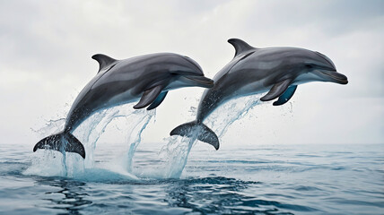 Fototapeta premium A pair of playful dolphins leaping out of the water, frozen in mid-air against a white background, their sleek bodies and joyful expressions sharply defined.