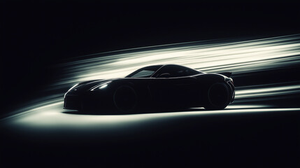 Silhouette of a stylist sports car speeding at high speeds. Its contours are emphasized by the speed of the wind passing through it