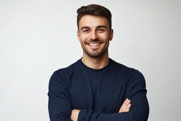 Fototapeta premium Smiling man with folded arms in a dark blue shirt, posing confidently against a grey background, ideal for advertising and web design. High-resolution portrait with a professional andapproachable look