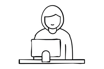 Person at the computer symbol. Computer work icon. Office work sign. Remote work symbol. Isolated. Transparent Background Cut Out 
