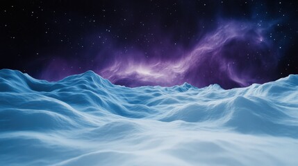 Naklejka premium A purple and blue light is shining over a snowy landscape, AI